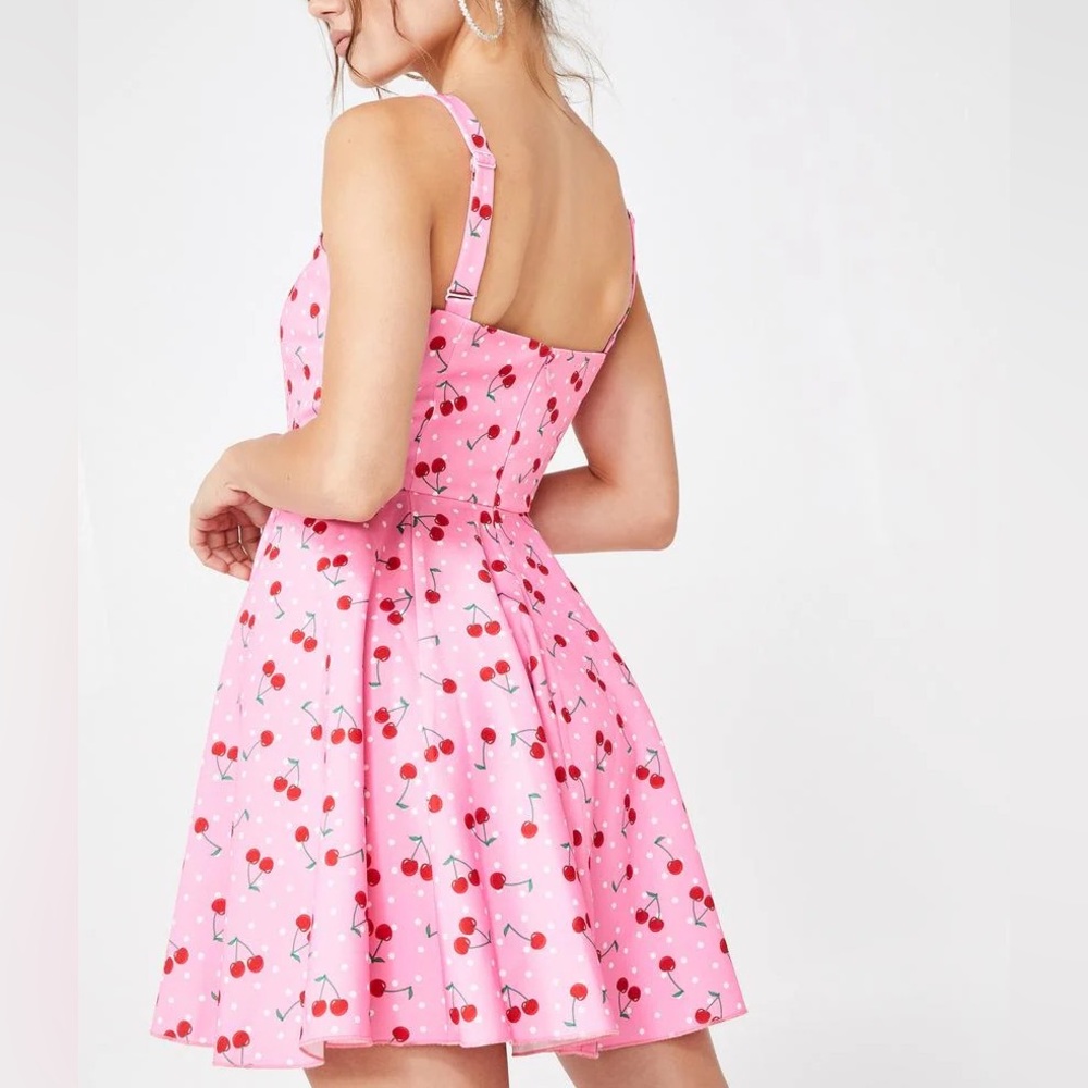 Sugar Thrillz Cherry Munroe Mini Dress Pink Cherry Print BNWT Small Dollskill - Picture 6 of 10